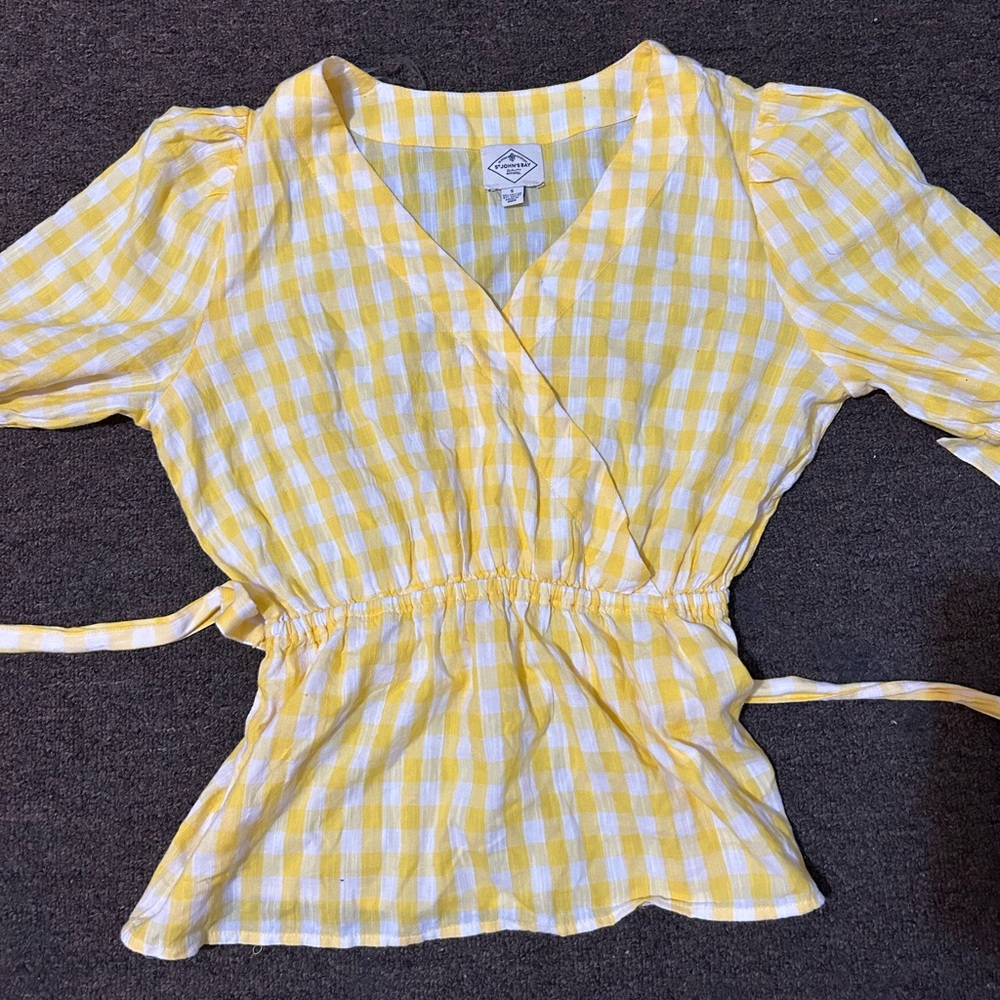 st. john’s bay Yellow Gingham Wrap tied V Top